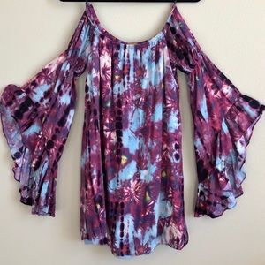 Tie-dye bell sleeve off the shoulder dress